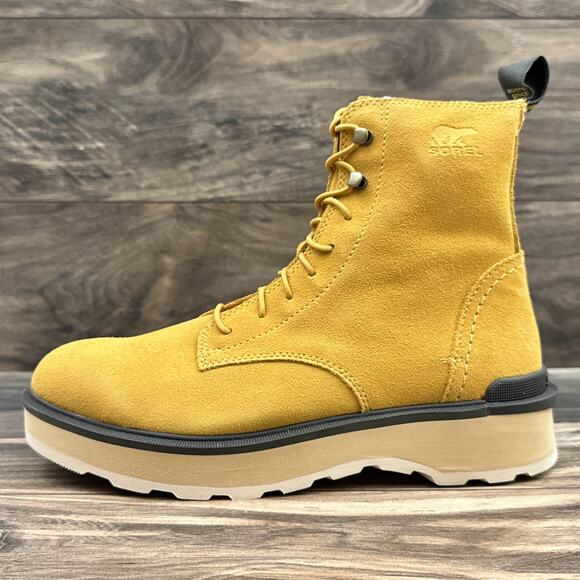 NIB Sorel Hi Line Lace 9.5 Waterproof Leather Lug Sole Combat Boots Geo Yellow - Picture 6 of 14